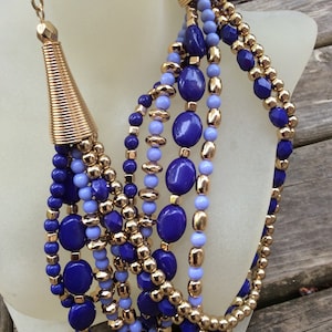Vintage Multi Strand Beaded Necklace: Blue Purple Mauve & Gold