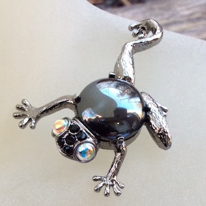 Peut inclure: Une broche en forme de grenouille argentée avec des strass noirs et des accents irisés. Le corps de la grenouille est un cabochon rond noir.