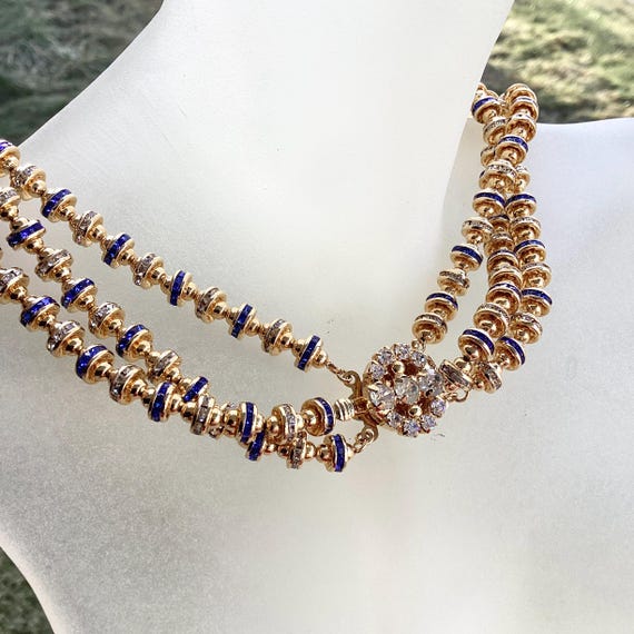 Vintage Franklin Mint Twilight Blue Grotto necklace blue sapphire crystals rhinestones 3 strands Gold Tone Statement designer jewelry View 6