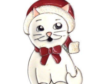 vintage white red enamel Christmas Santa cat brooch, white Kitten with red hat Brooch, Santa Cat Brooch gifts for mom sister friend holiday