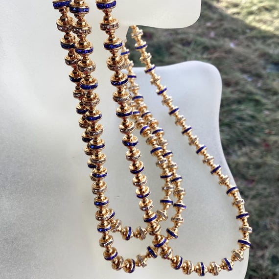 Vintage Franklin Mint Twilight Blue Grotto necklace blue sapphire crystals rhinestones 3 strands Gold Tone Statement designer jewelry View 3