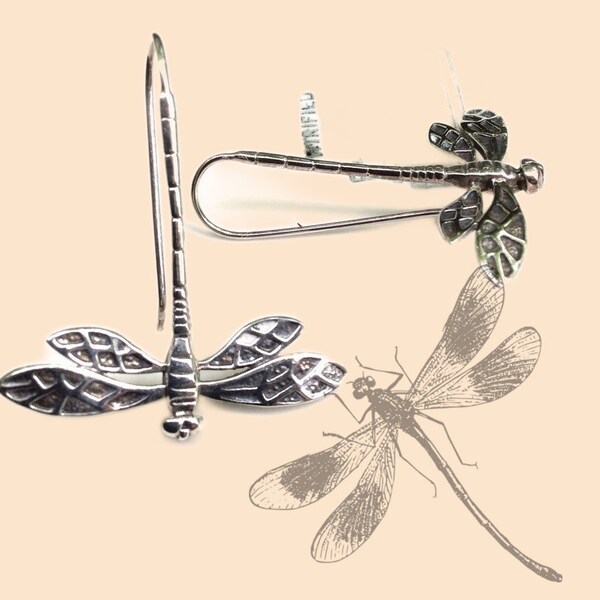 Vintage Sterling Silver 925 ornate Dragonfly earrings, Quality flying insect Earrings, silver insect jewelry mothers day teens nature lover