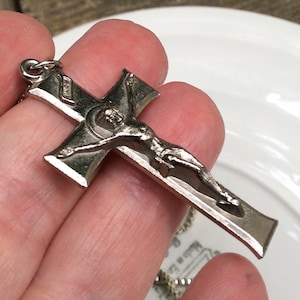Vintage silver cross crucifix pendant necklace religious wardrobe accessories jewelry prayer embossed Christmas gifts easter worship Jesus