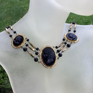 Vintage Black Cameo Choker: Victorian Revival Pendant Necklace