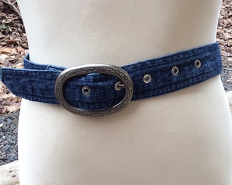 Denim Belt, 90s Curved Hipster Style | Large Brass Buckle