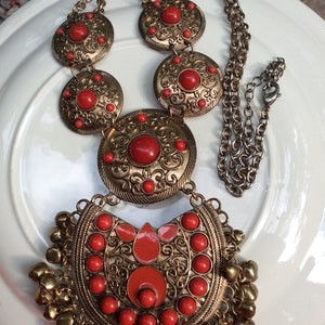 vintage red bronzed ornate big statement India style necklace, filigree coppered red hanging bead bells Necklace, goth Hollywood regency image 5