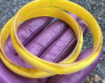 Vintage Lucite Bangle Set: Creamy Yellow Plastic Bracelets