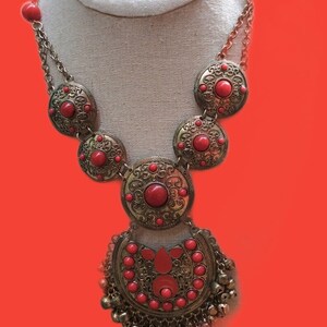 vintage red bronzed ornate big statement India style necklace, filigree coppered red hanging bead bells Necklace, goth Hollywood regency image 4