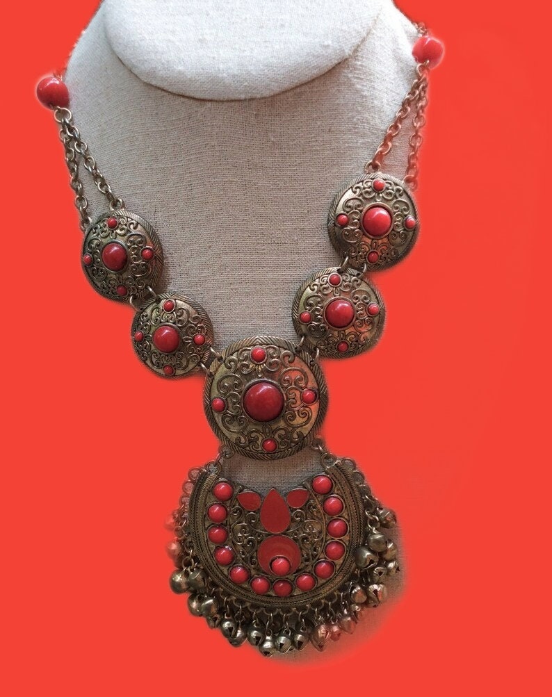 vintage red bronzed ornate big statement India style necklace, filigree coppered red hanging bead bells Necklace, goth Hollywood regency image 4