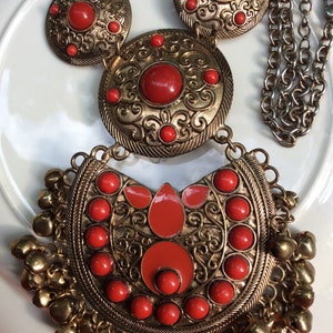 vintage red bronzed ornate big statement India style necklace, filigree coppered red hanging bead bells Necklace, goth Hollywood regency image 2