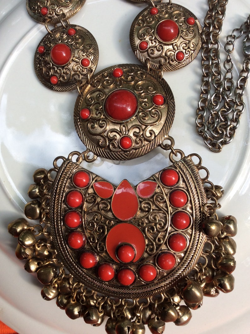vintage red bronzed ornate big statement India style necklace, filigree coppered red hanging bead bells Necklace, goth Hollywood regency image 2