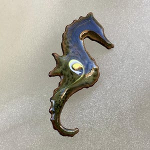 Vintage Seahorse brooch pin Enamel on copper hand painted OOAK artisan jewelry wardrobe fashion accessories Nautical coastal chic unisex