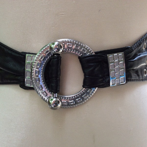 Vintage women's wide black vinyl stretch belt, rhinestone studded cinch belt silver tone buckle,  80s 90s fashion wide belts goth girl gifts