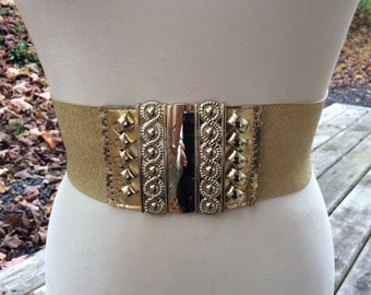Vintage 80’s 90’s Wide Belt Gold Metallic Raffia Elastic Stretch Sz S-XL Women main image 2