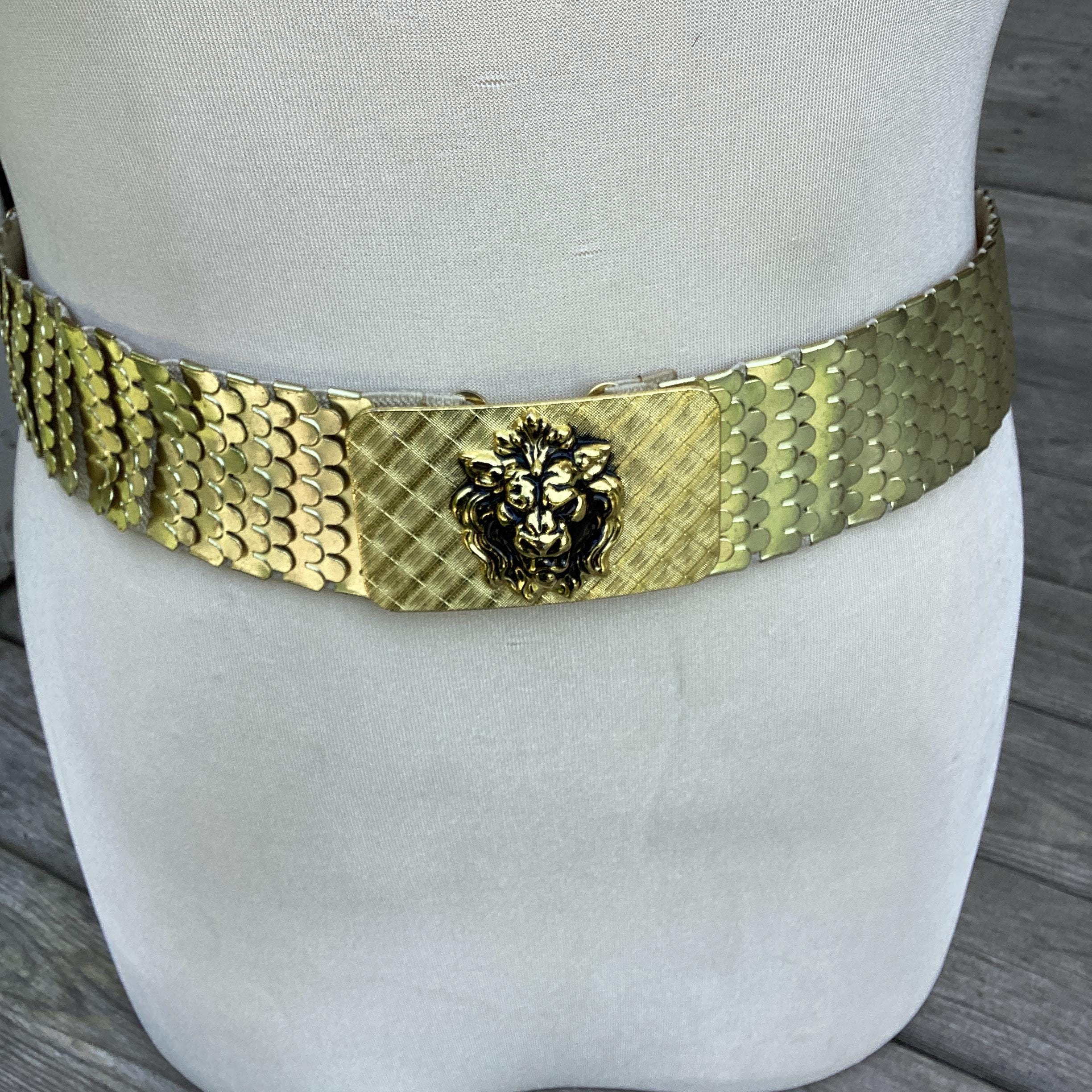 Vintage Metal Brass Beaded Rhinestone Fish Scale Stretch Belt Art to Wear L/XL Fishscale Belt - Etsy main image 3