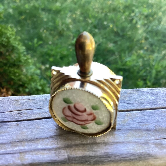 Vintage Guilloché Pink Rose pendant necklace perfume vial snuff bottle flask Limoges Victorian memorial gold plate Sarah Coventry chain View 3