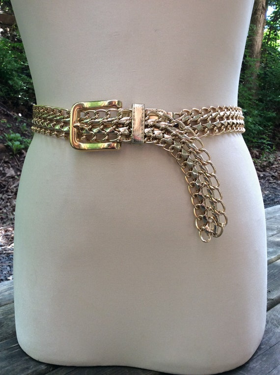 Vintage women's gold Lamé belt 80s gold metal chai