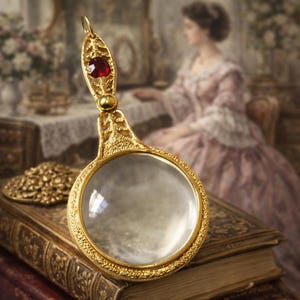 May include: A decorative gold-coloured magnifying glass with a red gemstone set in the handle. The magnifying glass is resting on a stack of antique books. The handle has a textured design.