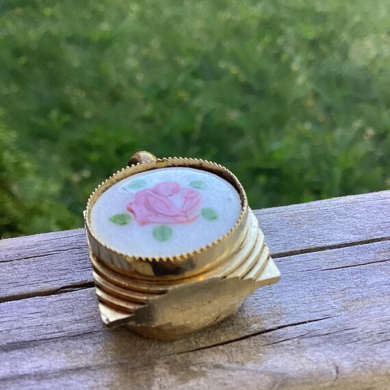 Vintage Guilloché Pink Rose pendant necklace perfume vial snuff bottle flask Limoges Victorian memorial gold plate Sarah Coventry chain View 4