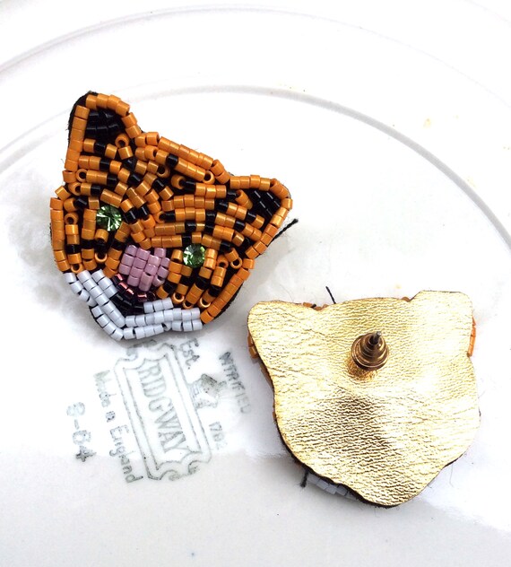vintage orange black seed beaded tiger earrings, … - image 2