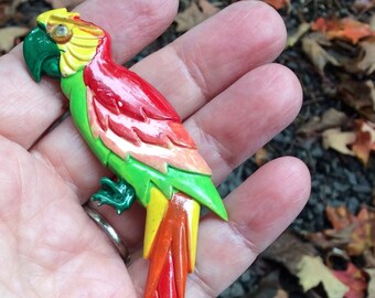 Vintage big Tropical Parrot Brooch: Hand-Painted Plastic Bird Pin