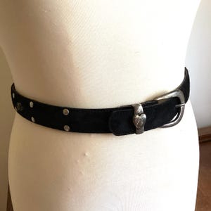 Vintage designer black suede fashion belt adjustable Zig Zag cupid studs Made in Canada studded brutalist heart leather wardrobe accessories