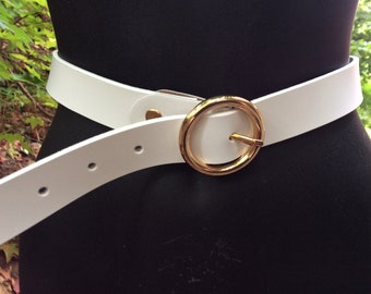 Vintage women's belt white genuine leather gold tone round belt buckle, large size lady's retro fashion accessories wardrobe