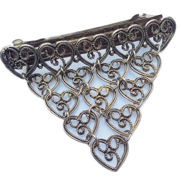 Vintage unique silver tone filigree metal triangle hair clip accessories adornments, Valentine gift Hearts hair Clip dangling heart barrette