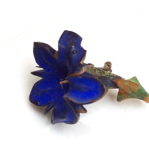 vintage rare antique violet iris flower metal brooch, Blue Purple Violet Brooch, enamel painted copper 3d flower pin, old jewelry flower pin