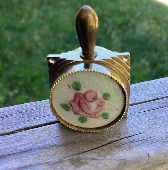 Vintage Guilloché Pink Rose pendant necklace perfume vial snuff bottle flask Limoges Victorian memorial gold plate Sarah Coventry chain