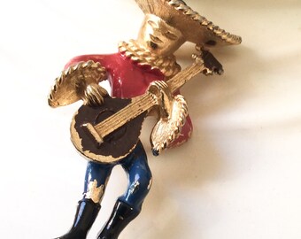 Vintage mid century modern figural Spanish jewelry brooch accessories, Spanish Mariachi guitar Brooch, Latin Flamenco guitar dance music pin