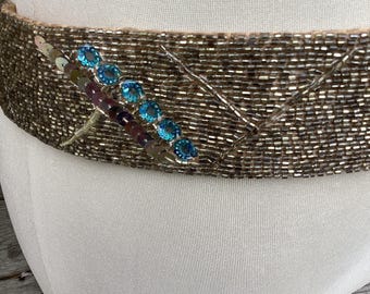 Vintage Beaded Sequin Belt: Turquoise Iridescent Floral Sash  display picture 2