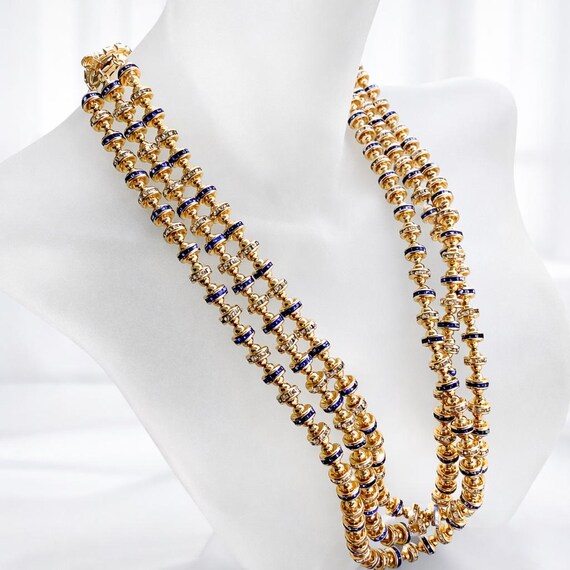 Vintage Franklin Mint Twilight Blue Grotto necklace blue sapphire crystals rhinestones 3 strands Gold Tone Statement designer jewelry