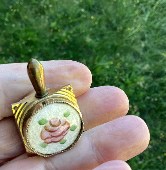 Vintage Guilloché Pink Rose pendant necklace perfume vial snuff bottle flask Limoges Victorian memorial gold plate Sarah Coventry chain View 2