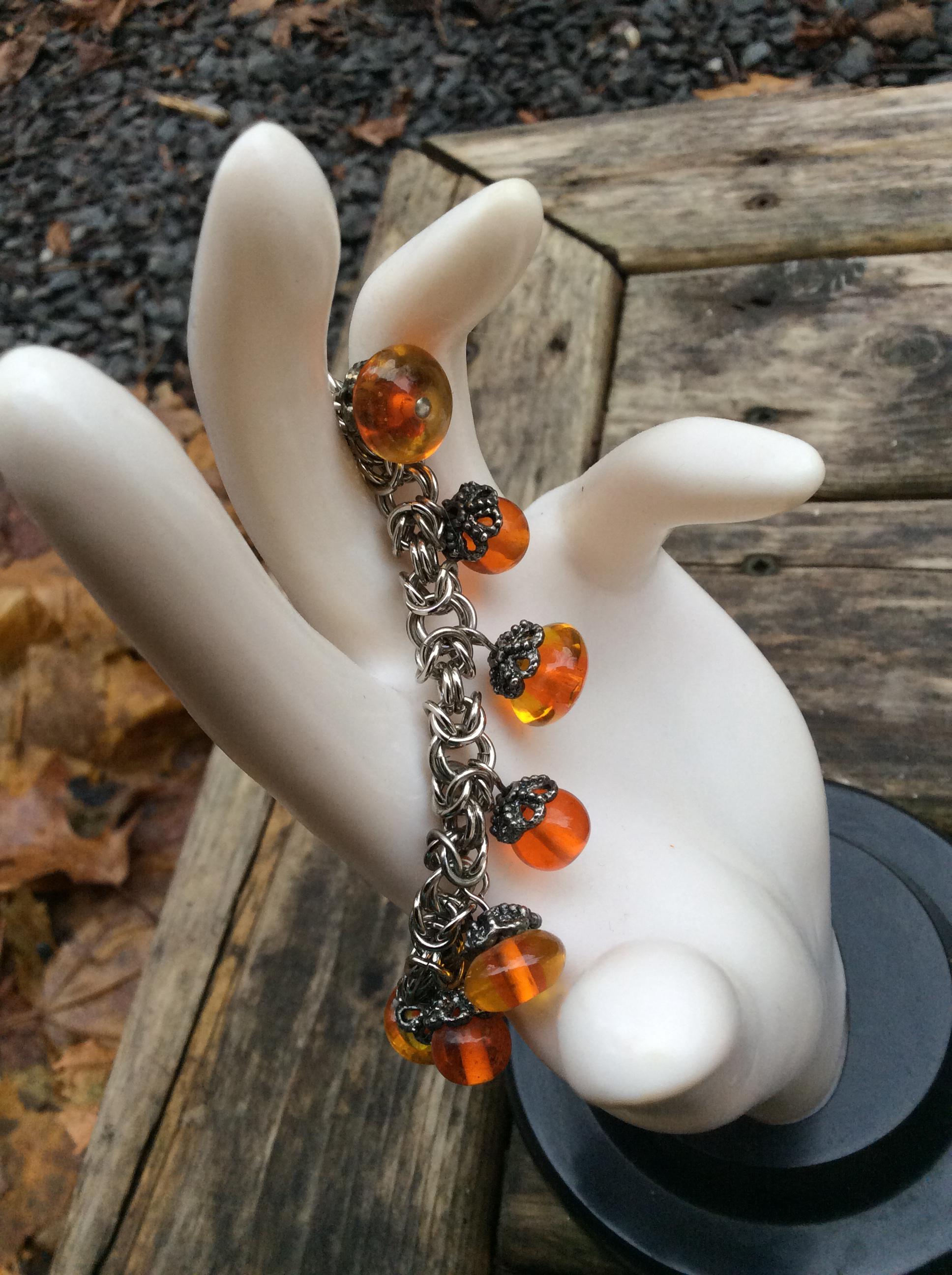 Vintage Orange Beaded Chain Bracelet Halloween Pumpkin Gothic