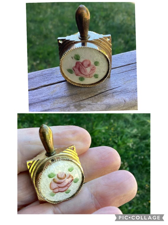 Vintage Guilloché Pink Rose pendant necklace perfume vial snuff bottle flask Limoges Victorian memorial gold plate Sarah Coventry chain View 6