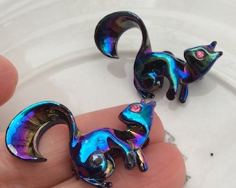 Vintage brooch pins squirrels Twins purple blue peacock Iridescent pink rhinestone animal accessories fashion