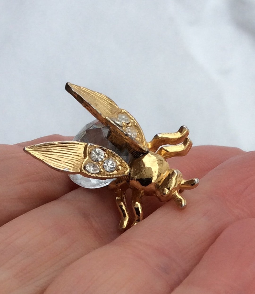 Vintage Fly Bee Brooch Big Gold Tone Rhinestone Bumblebee Wings Insects ...