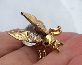 Vintage fly bee brooch big Gold tone rhinestone bumblebee wings insects jewelry scarf