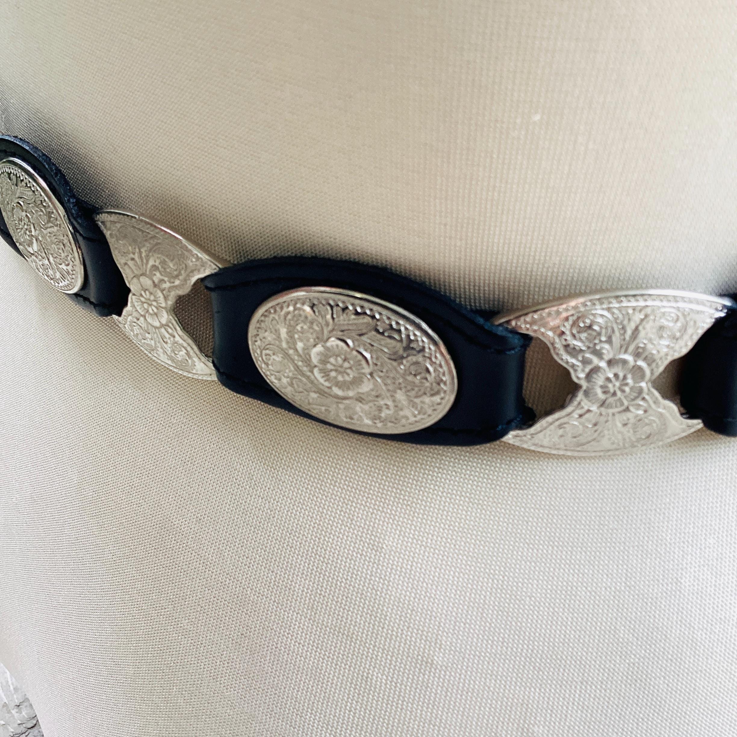 Free People Black Suede Belt with Ornate Silver Concho Buckle 90s BB SIMON Concho Tooled Leather Embellished Studded  main image 3