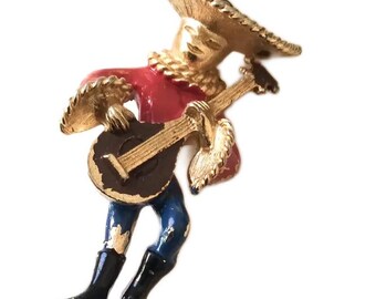 Vintage Spanish Guitarist Brooch: Mid-Century Mariachi Figural Pin