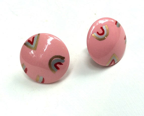 vintage vogue round pink plastic earrings, retro … - image 1