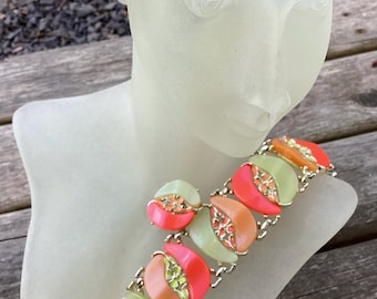 Vintage Lucite Thermoset Bracelet & Earrings Set: Sherbet Colors, Rhodium Plate