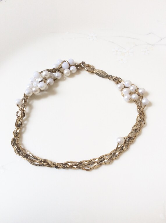 Vintage Gold tone baby white pearl beaded Napier … - image 4