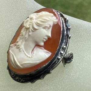 Victorian Cameo Brooch Pendant: Carved Celluloid, Marcasite 800 Silver