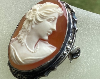 Victorian Cameo Brooch Pendant: Carved Celluloid, Marcasite 800 Silver