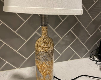 Complete Liquor Bottle TABLE LAMP Package w/ Laced Shade & White LED Light Bulb