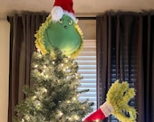 Grinch Head and arm tree topper, Christmas Decorations, Grinch Christmas Tree, Christmas Tree Topper, Christmas Decorations Grinch Themed