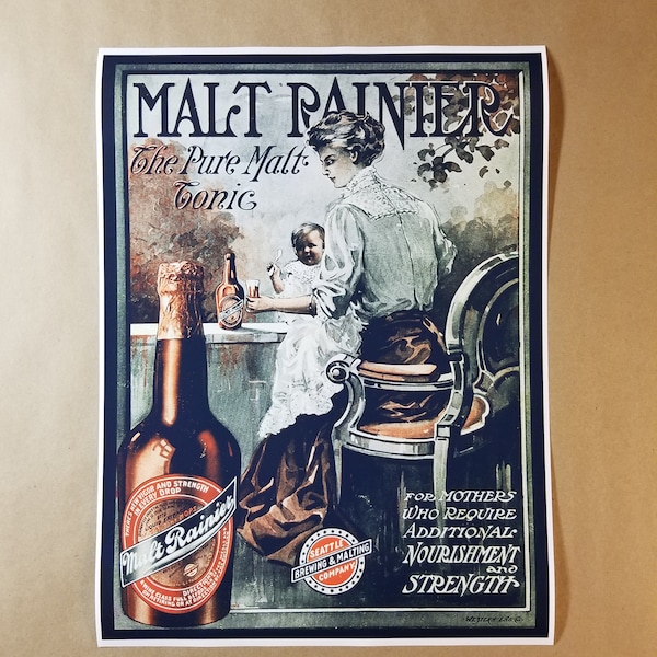 Malt Rainier Liquor Poster 12" x 16" - Elegant Decorative Bourbon Street Seattle Mount Rainier Mothers Drinking Party Bar Old Advertisement