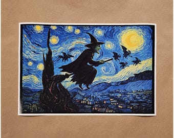 Wicked Witch Wizard Oz Starry Night Van Gogh PRINT Halloween Party Flying Monkey